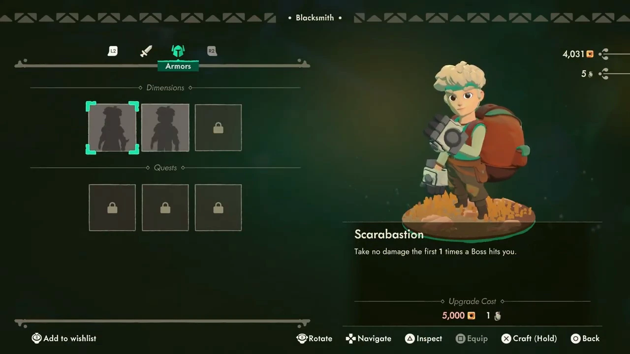 Scarabastion tooltip states no damage from the first Boss hit; cost shows 5000 gold and one material