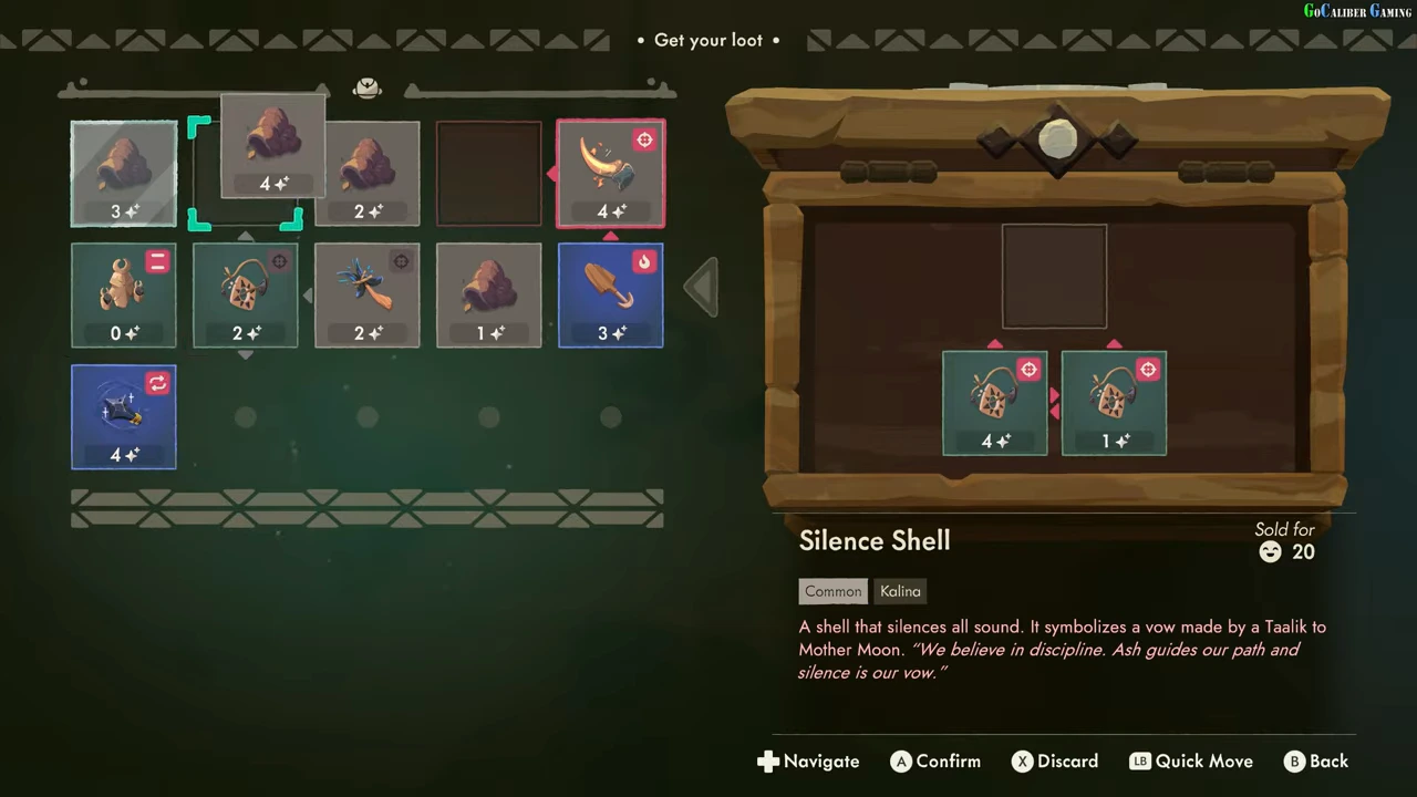 Backpack showing Sun Claw directional marker, Sacred Spade and a hovered Silence Shell