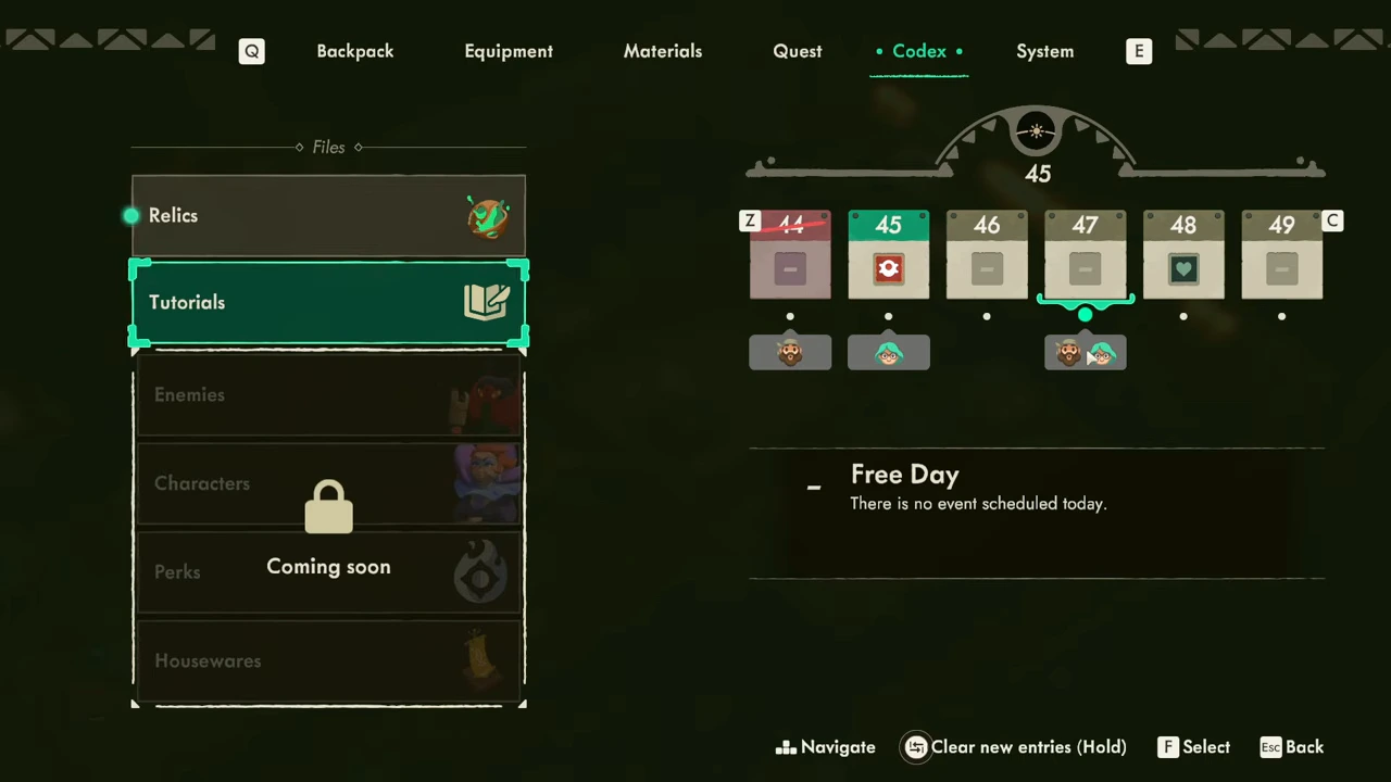 Selected day 47 displays Free Day with no event scheduled