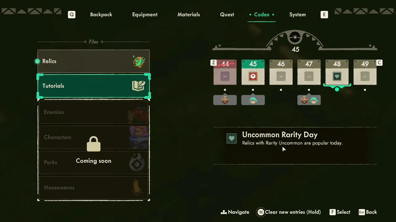Calendar selects day 48 and reads Uncommon Rarity Day while the current-day display remains 45