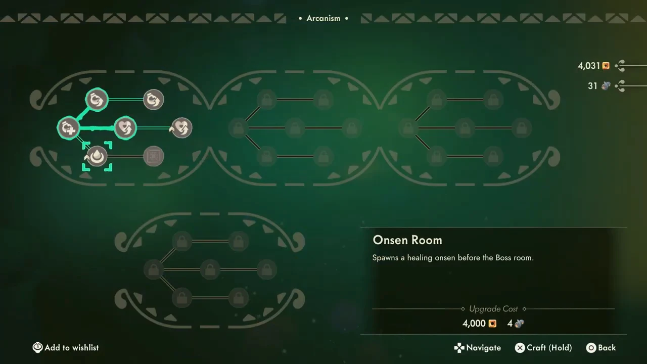 Arcanism Onsen Room selected with a 4,000 gold and 4 material cost
