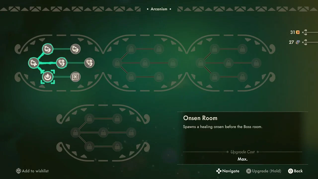 Purchased Onsen Room marked Max with 31 gold and 27 material remaining