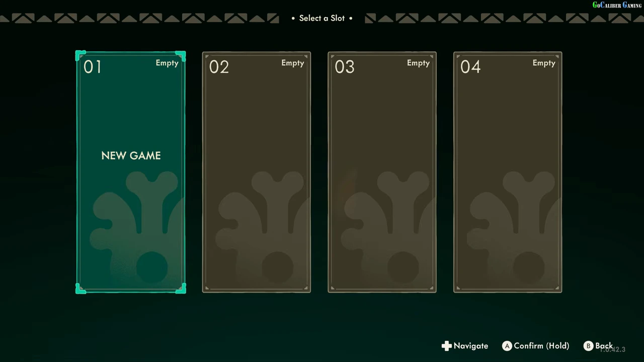 Four save slots are Empty, with slot 01 selected for NEW GAME and Confirm Hold shown
