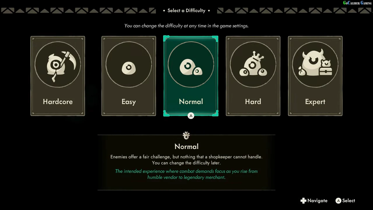 Difficulty screen selects Normal among Hardcore Easy Normal Hard and Expert