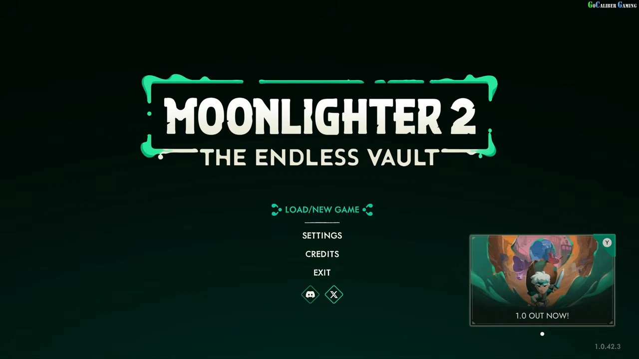 Main menu shows LOAD NEW GAME, a 1.0 OUT NOW card and version 1.0.42.3