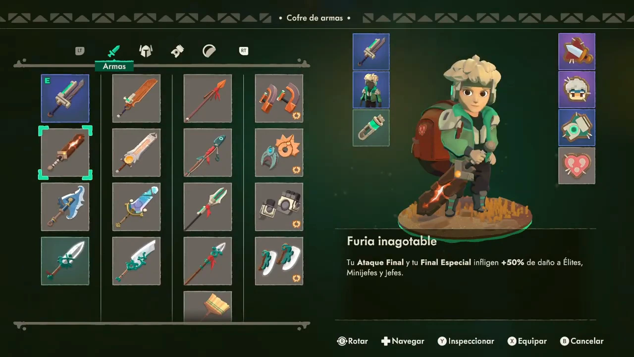 Furia inagotable is highlighted while E and the equipped slot still identify the first sword