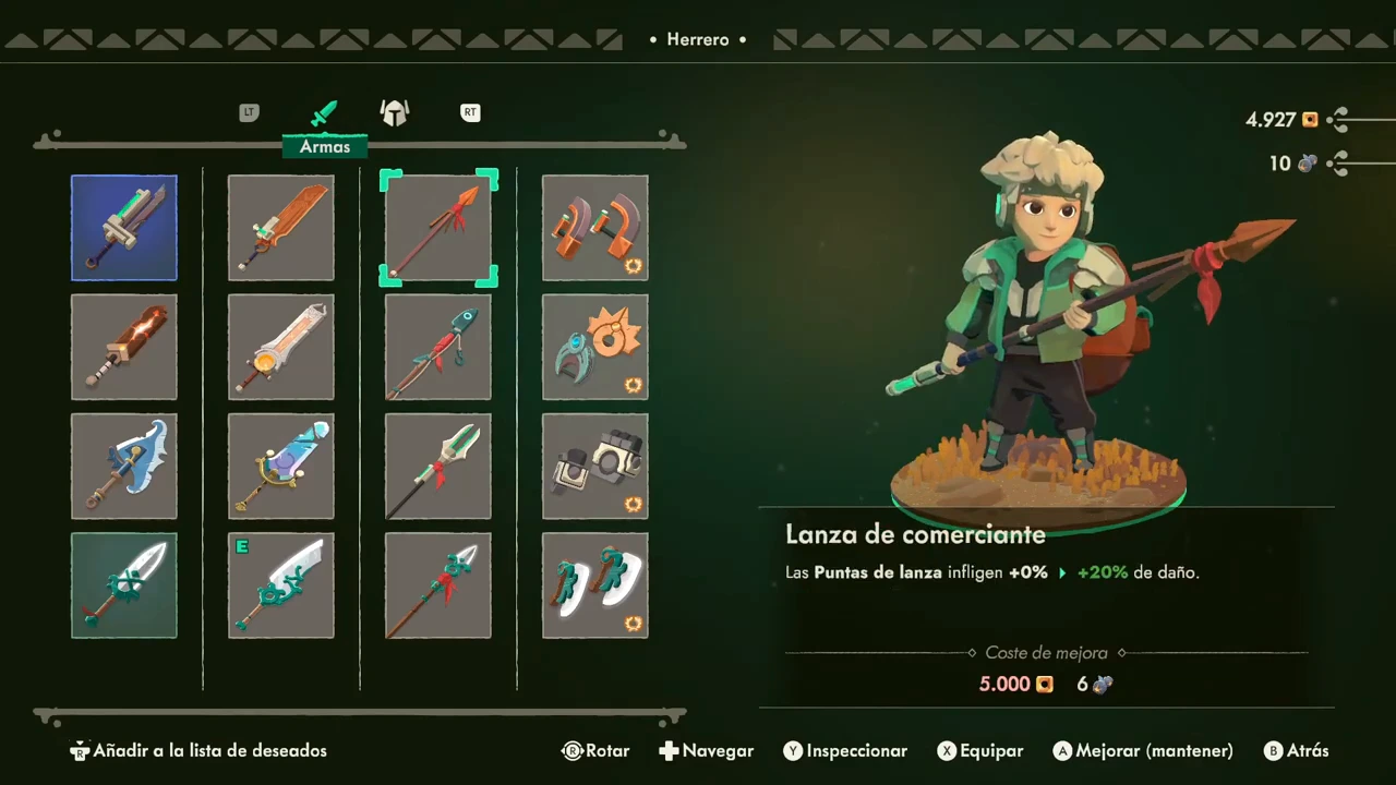 Lanza de comerciante selected with a spearhead-damage upgrade preview