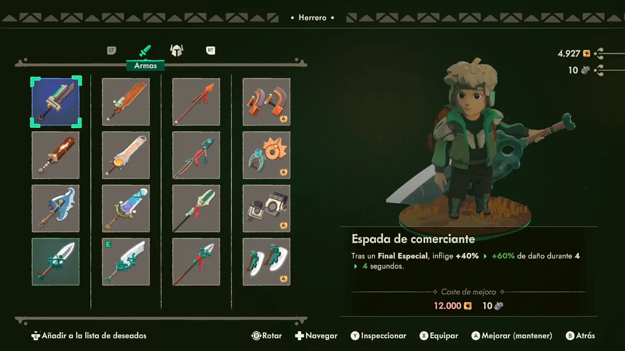 Espada de comerciante selected at the blacksmith with a special-finisher effect and upgrade preview